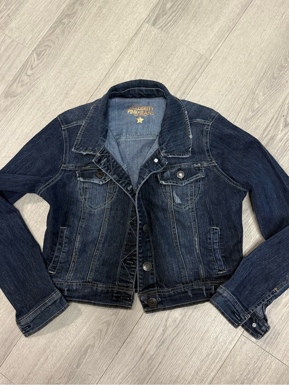 Celebrity Pink Dark Indigo Cropped Denim Jacket Blue Distressed Y2K 90s Large